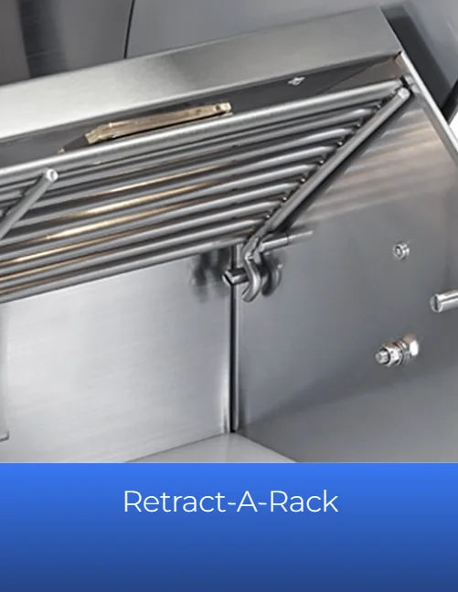 Broilmaster G-Series 34" Portable Gas Grill: premium 304 stainless steel construction, three 18,000 BTU Bow Tie burners, and an 11,000 BTU rear infrared rotisserie burner provide versatile outdoor cooking with 806 sq. in. of total cooking area.