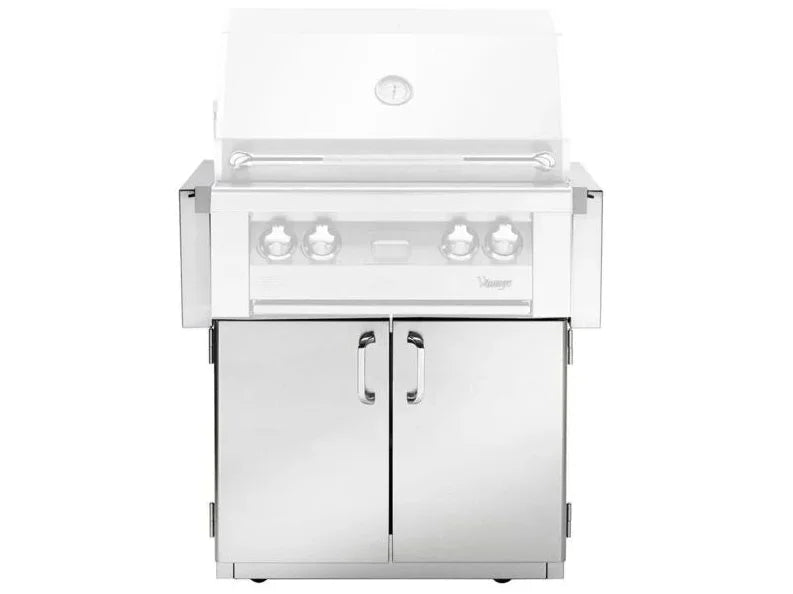 Vintage 30-Inch Gas Grill Cart (VBQ30GC) in sleek 304 stainless steel design with fold-down side shelves, casters for mobility, and storage compartments.