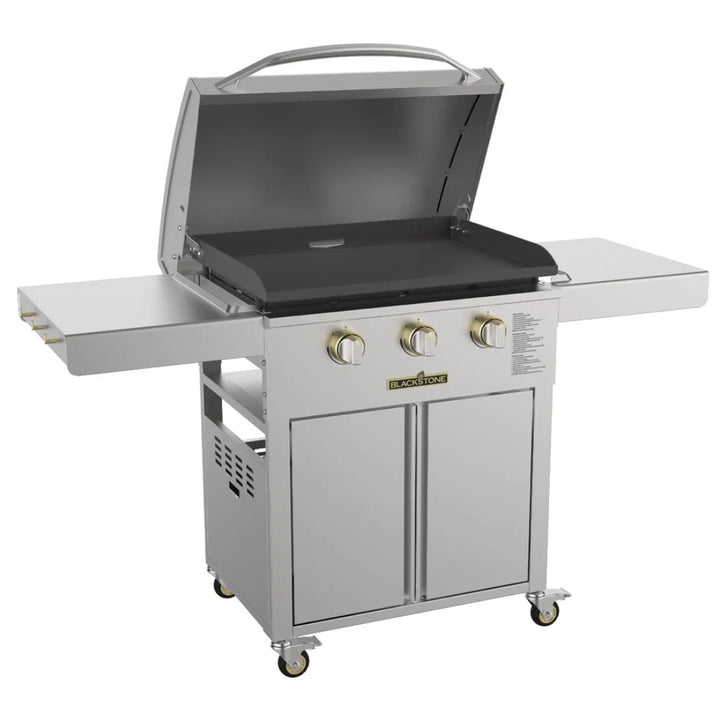 Blackstone Select 28” Griddle with Cabinet features 304-grade stainless steel construction, three independently controlled heat zones, and a built-in hood for even cooking performance and durable design.