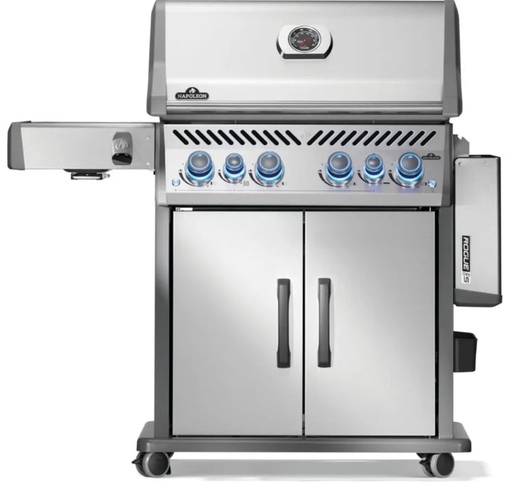 Napoleon Rogue PRO-S 525 RSIB grill features stainless steel construction, six burners, infrared side and rear burners for searing and roasting, and iconic WAVE cooking grids for even heat distribution.