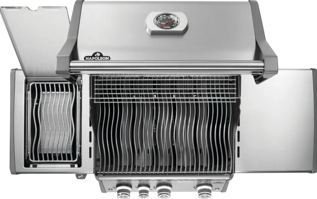 Napoleon Rogue PRO 425 SIB with Infrared Side Burner stainless steel propane gas grill featuring three precision main burners, Iconic WAVE cooking grids and infrared sear station for steakhouse-quality results.