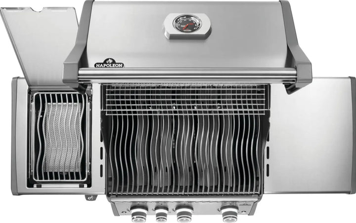 Napoleon Rogue PRO 425 SIB with Infrared Side Burner stainless steel propane gas grill featuring three precision main burners, Iconic WAVE cooking grids and infrared sear station for steakhouse-quality results.