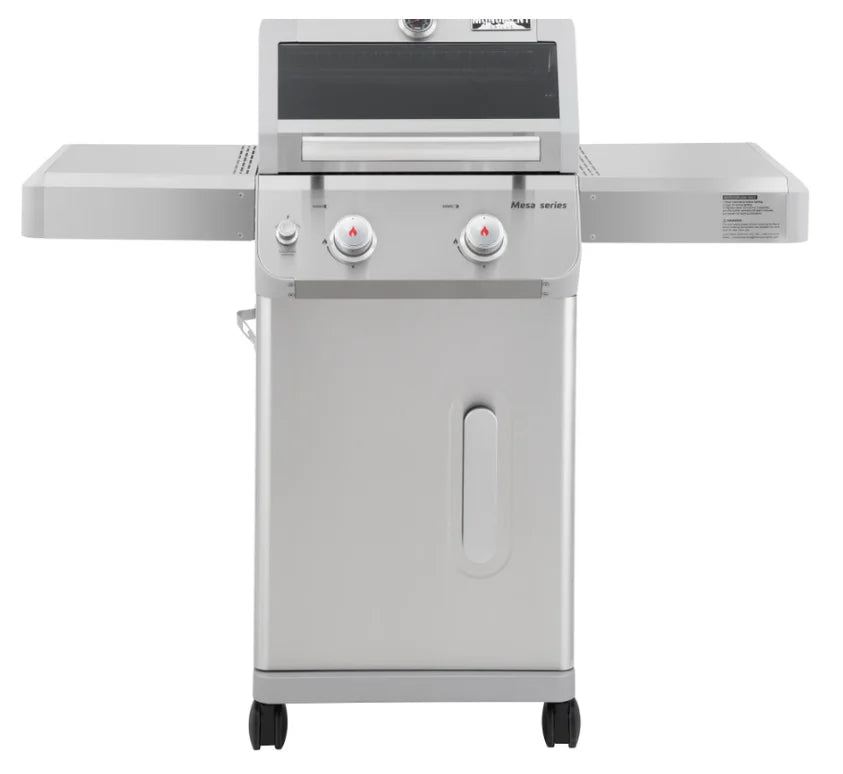 Monument Grills Mesa Series M200S Compact Stainless Steel 2-Burner Propane Gas Grill, Perfect for Small Patios and Decks with Rounded Corner Design and Porcelain-Coated Cooking Grates.