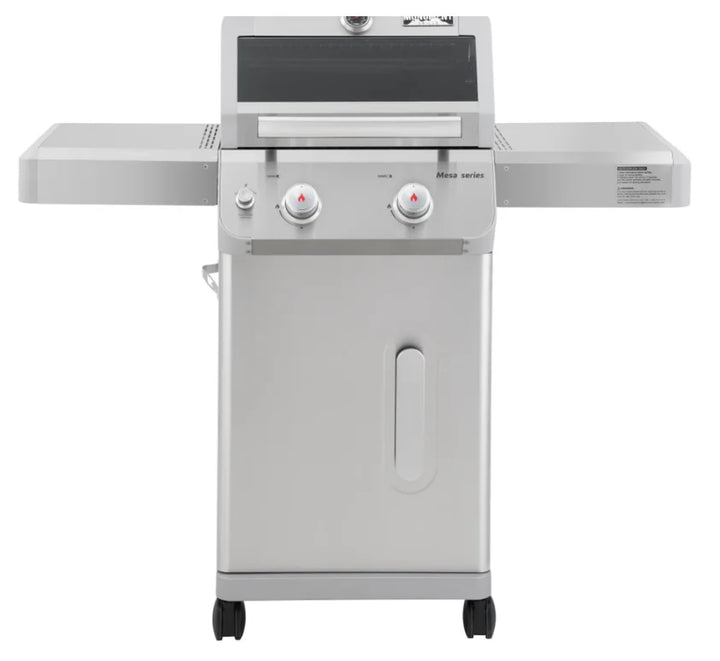 Monument Grills Mesa Series M200S Compact Stainless Steel 2-Burner Propane Gas Grill, Perfect for Small Patios and Decks with Rounded Corner Design and Porcelain-Coated Cooking Grates.