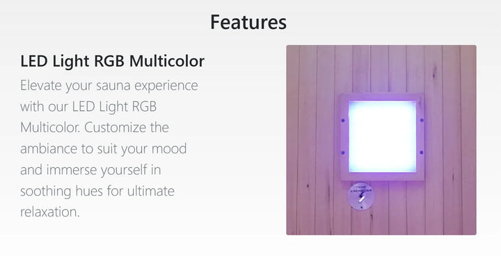 Harmony 2 Sauna: Premium Hemlock wood construction, dual heating system with ceramic and carbon heaters, inner digital control panel, LED light RGB multicolor ambiance, Bluetooth sound system, cup holder for convenience, compact design seating two persons, ideal for home or spa relaxation.