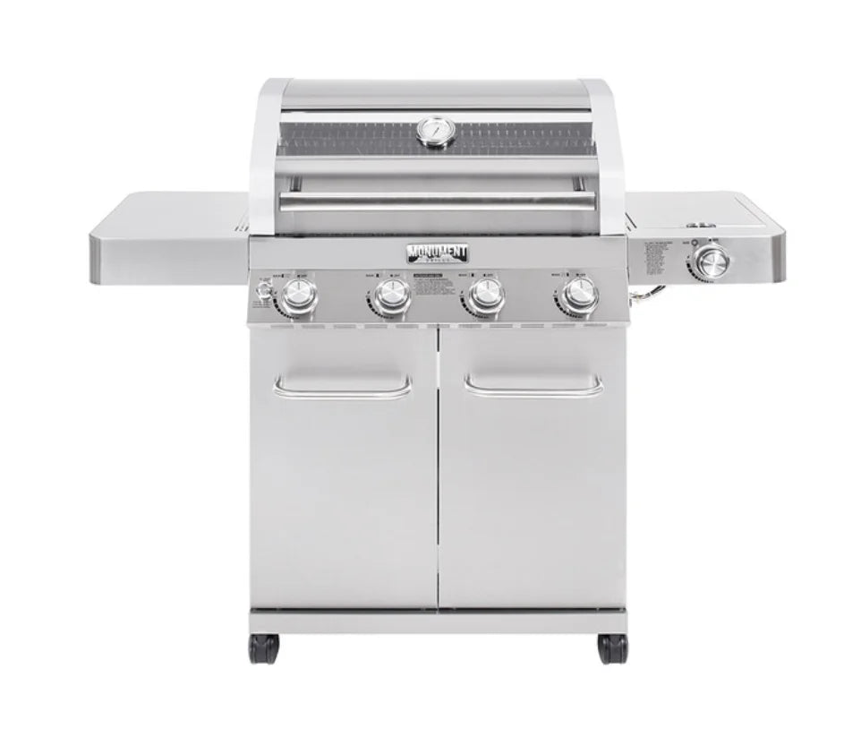 Monument Grills "41847NG" Stainless Steel 4-Burner Gas Grill - Classic Series: A premium stainless steel gas grill featuring four main burners, an infrared side sear burner, and additional side burner with ClearView glass lid, providing 60,000 BTUs of heat across 723 sq. in. of cooking space.