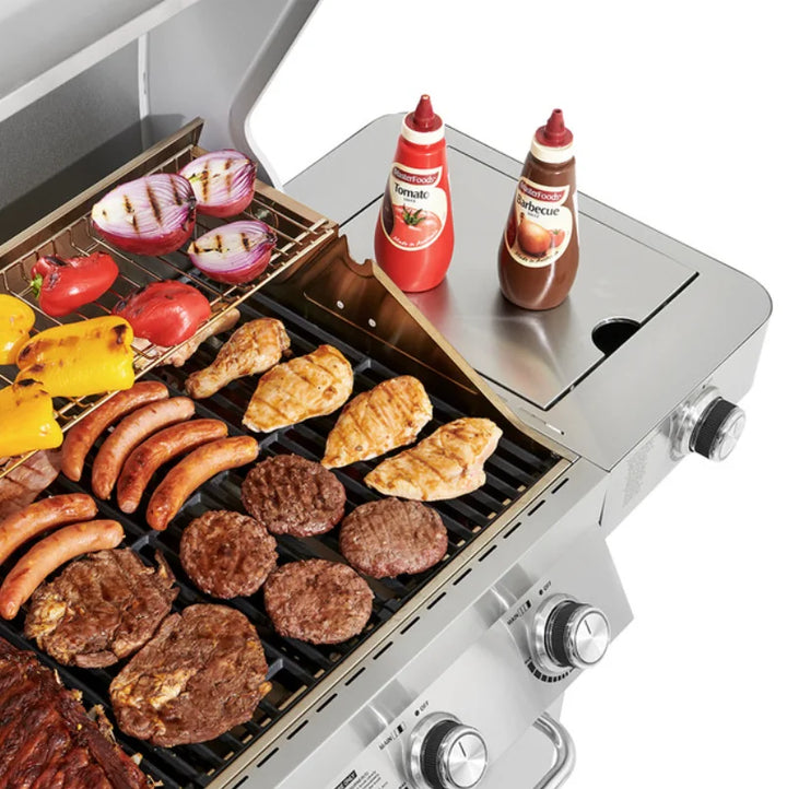 Monument Grills Classic Series Stainless Steel Gas Grill (41847NG) - Premium 4-burner grill with stainless steel construction, infrared side sear burner, and LED-backlit control knobs for high-performance outdoor cooking.