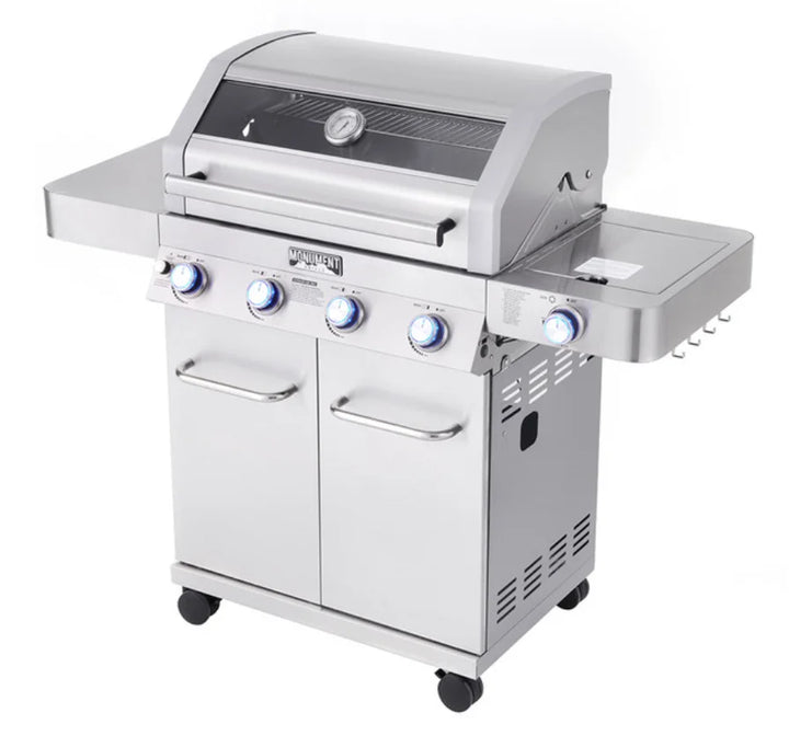 Monument Grills Classic Series 41847NG Stainless Steel 4-Burner Gas Grill - compact, durable, and high-performance grill for outdoor cooking, featuring four stainless steel burners, infrared side sear burner, additional side burner, ClearView glass lid, and LED-backlit control knobs.