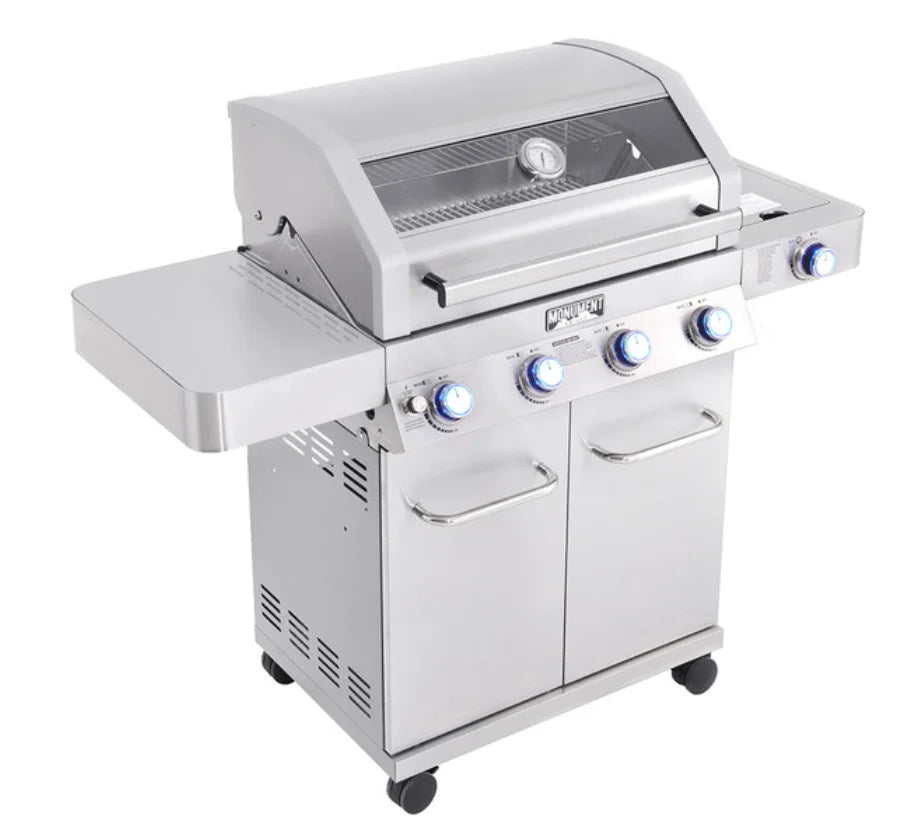 Monument Grills Classic Series 41847NG Stainless Steel 4-Burner Gas Grill features four stainless steel main burners, an infrared side sear burner, and additional side burner with ClearView glass lid for professional-grade cooking performance in a sleek, durable frame.