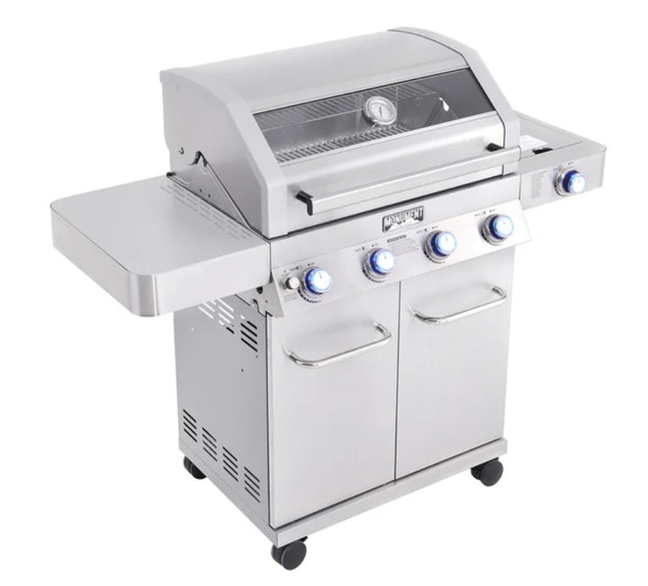 Monument Grills Classic Series 41847NG Stainless Steel 4-Burner Gas Grill features four stainless steel main burners, an infrared side sear burner, and additional side burner with ClearView glass lid for professional-grade cooking performance in a sleek, durable frame.