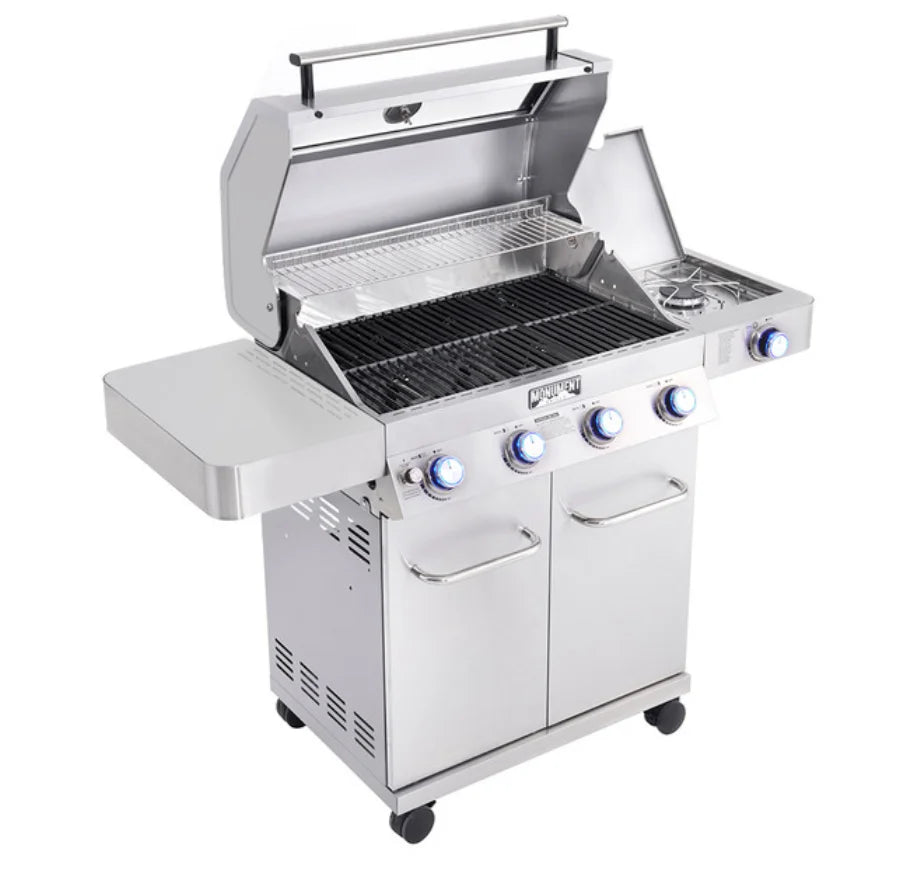 Monument Grills Classic Series 41847NG stainless steel 4-burner gas grill featuring four main burners, infrared side sear burner, and additional side burner with ClearView glass lid for precise heat control and versatile cooking.