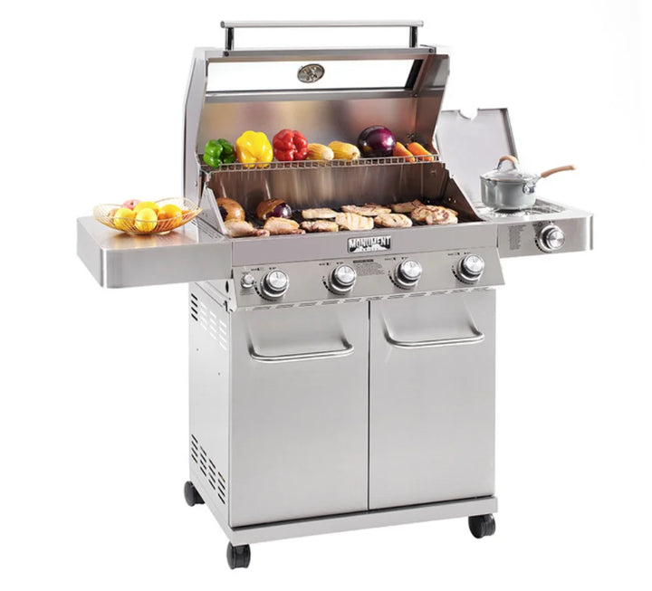 Monument Grills Classic Series 41847NG Stainless Steel 4-Burner Gas Grill features four stainless steel burners, infrared side sear burner, and additional side burner with ClearView glass lid for precise control and effortless cooking.