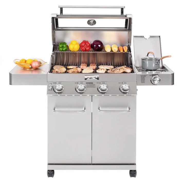 Monument Grills Classic Series Stainless Steel 4-Burner Gas Grill - Close-up of sleek stainless steel design featuring four main burners, infrared side sear burner, and additional side burner with ClearView glass lid.