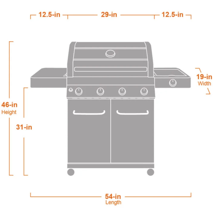 Monument Grills Classic Series Stainless Steel 4-Burner Gas Grill, featuring four stainless steel main burners, an infrared side sear burner, and additional side burner, providing 60,000 BTU total heat output across 723 sq. in. of cooking space.