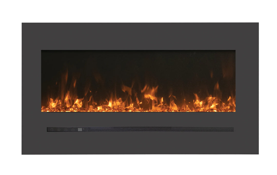 Amantii WM-FML-STL Linear Electric Fireplace features deep charcoal steel surround, LED back-lit surround lighting, and vibrant multi-colored flame presentation.