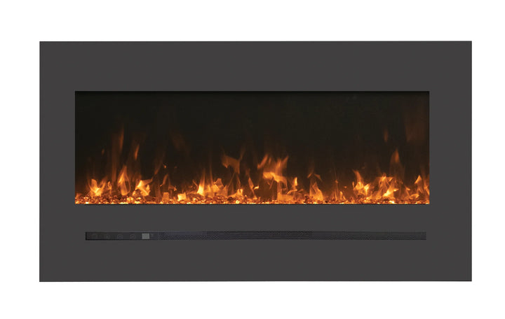 Amantii WM-FML-STL Linear Electric Fireplace features deep charcoal steel surround, LED back-lit surround lighting, and vibrant multi-colored flame presentation.