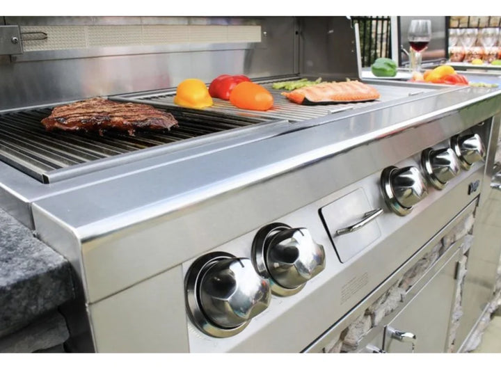 Vintage 42" Built-In Gas Grill features three powerful 27,500 BTU stainless steel burners, an 18,000 BTU infrared rotisserie burner, and a dedicated smoker burner for authentic smoky flavor.