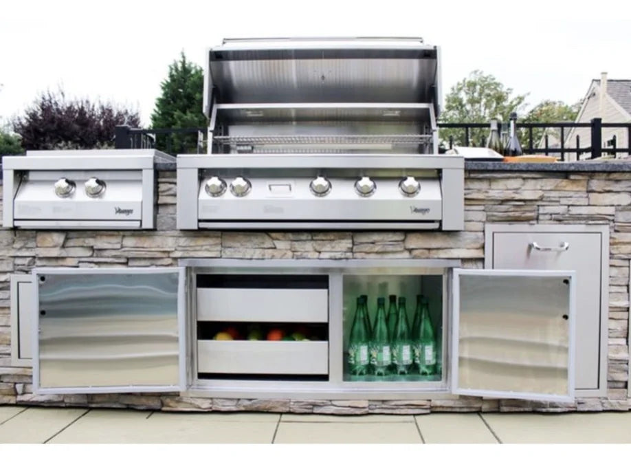 Vintage 42-Inch Built-In Gas Grill with three stainless steel burners, rotisserie burner, smoker burner, and expansive cooking surface for outdoor culinary luxury.