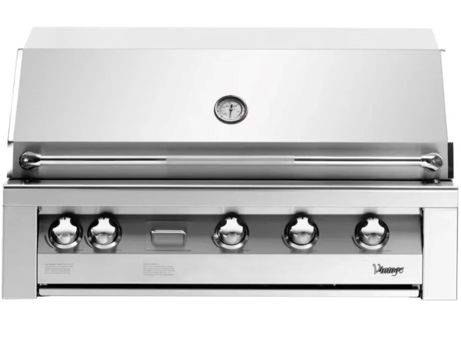 Vintage 42-Inch Built-In Gas Grill with Sear Zone, featuring two high-heat stainless steel burners, infrared sear zone burner, rotisserie and smoker burners, polished grates, ceramic briquettes, and a spacious cooking surface.