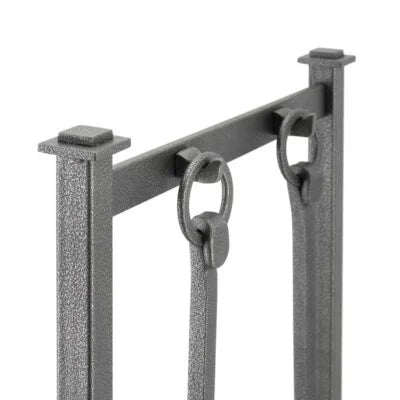Pilgrim Craftsman Hearth Center - A compact, vintage iron storage unit featuring integrated log and tool storage, four essential tools suspended from hand-forged loop rings, and durable solid steel construction for a timeless hearth centerpiece.