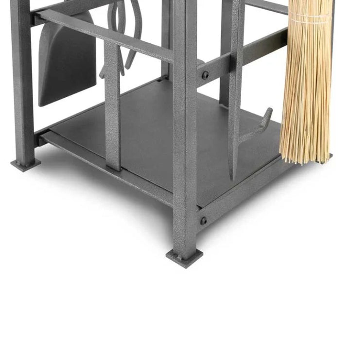 Pilgrim Craftsman Hearth Center - Vintage Iron: Compact, handmade centerpiece with integrated storage for logs, kindling, and tools, featuring hand-forged loop rings and essential tools in vintage iron finish.