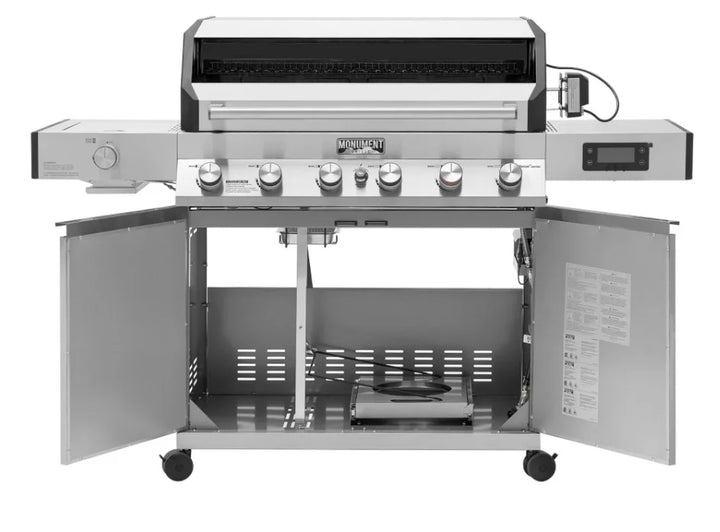 Monument Grills Denali Series D605 Pro Gas Grill - premium stainless steel construction, 6 high-output burners, ceramic infrared sear burner, expansive cooking area, and 8-year warranty.