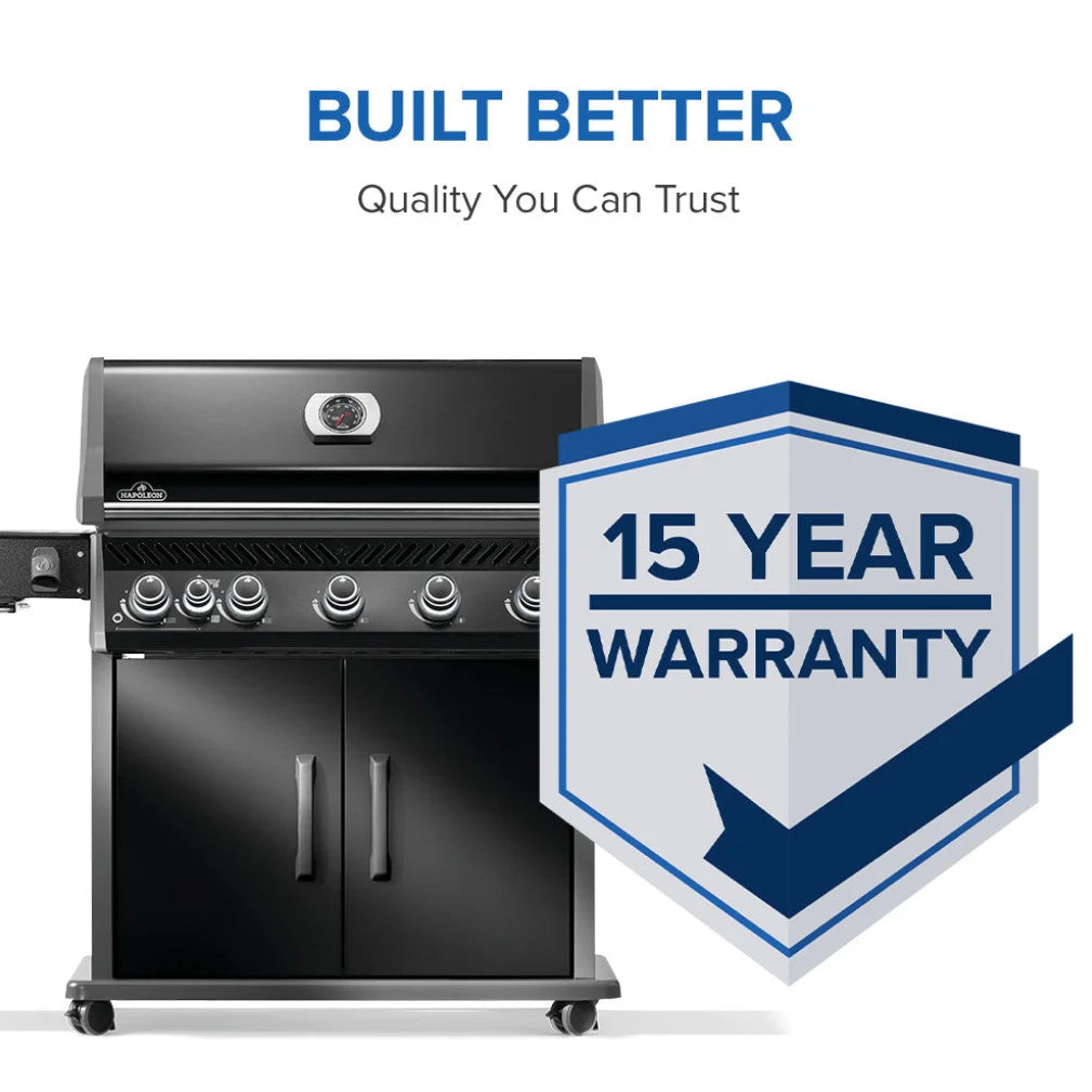 Napoleon Rogue PRO 625 SIB - Black grill features infrared side burner, porcelainized cast iron cooking grids, and white LED backlit control knobs for premium outdoor cooking experience.