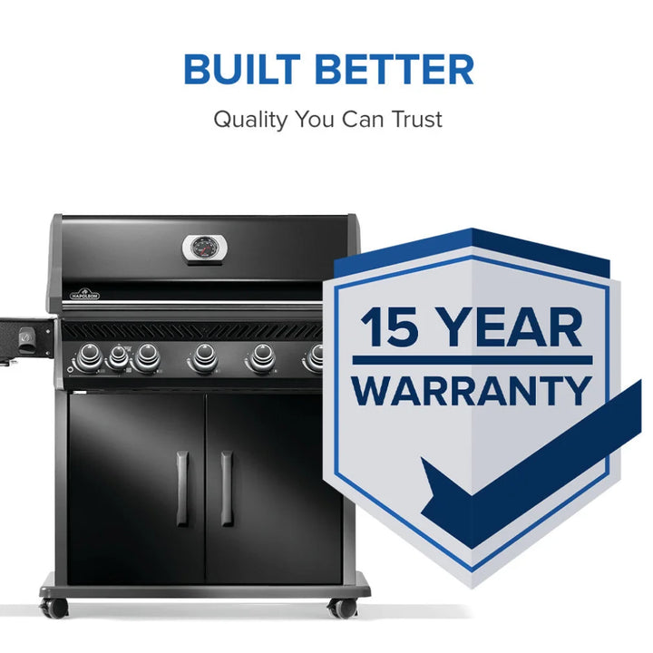 Napoleon Rogue PRO 625 SIB - Black grill features infrared side burner, porcelainized cast iron cooking grids, and white LED backlit control knobs for premium outdoor cooking experience.