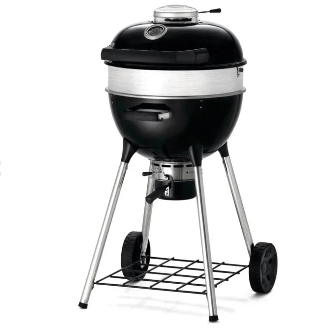 Napoleon Professional 18-inch Charcoal Kettle features porcelain-coated cast iron WAVE cooking grids, three adjustable height settings, and Vortex Heat Management System for consistent convection and heat control.