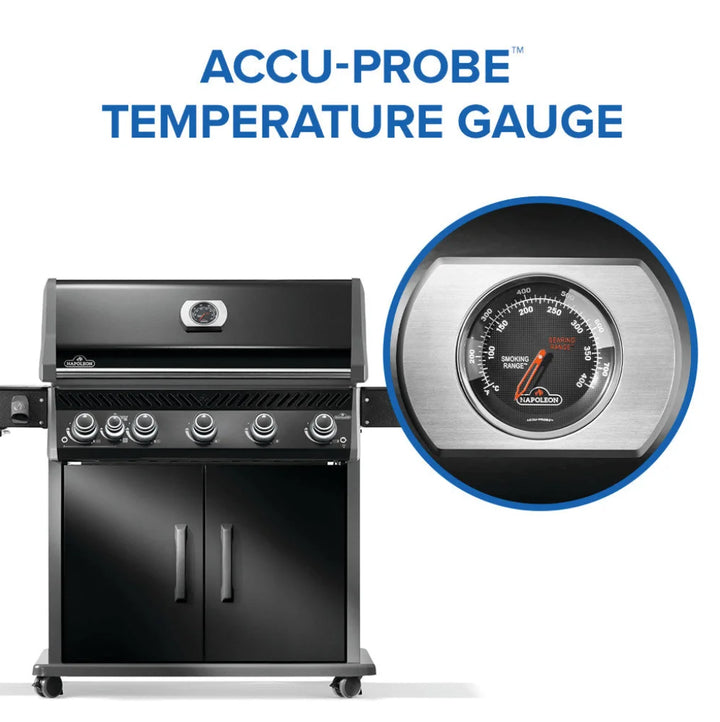 Napoleon Rogue PRO 625 SIB – Black with Infrared Side Burner: Sleek black grill features 6 burners, 74,000 BTUs, and porcelainized cast iron cooking grids for even heat distribution and exceptional searing, paired with an integrated infrared side burner for perfect high-heat sears.
