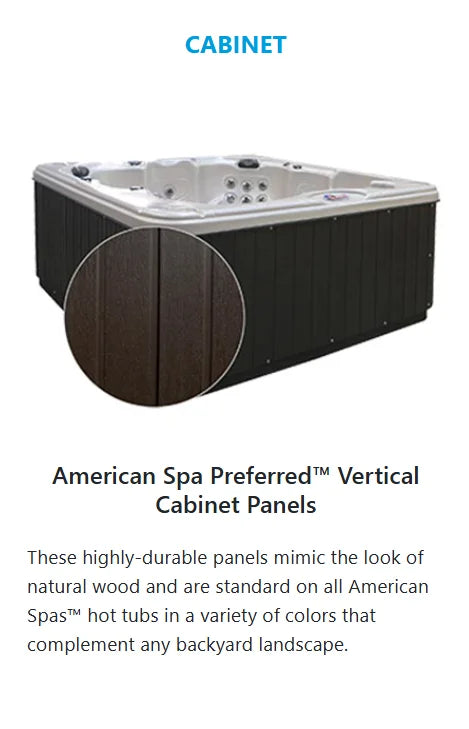 American Spas 6-Person Bench Spa features 100 exclusive Halo stainless steel jets for deep hydrotherapy, multi-colored LED lighting, and Bluetooth audio system, surrounded by sculpted bench seating for six.