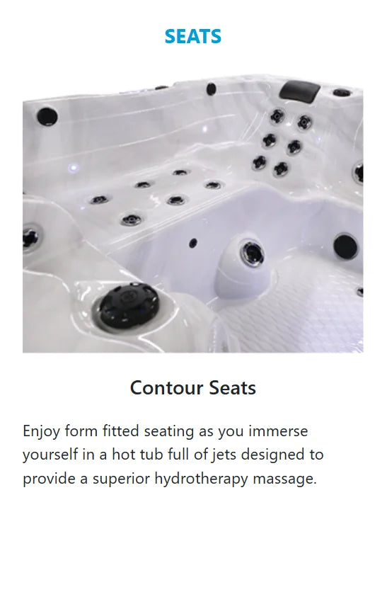 American Spas 6 Person Lounger with 40 Jets, featuring glossy white acrylic shell, smoke-finish cabinetry, and 40 exclusive Halo stainless steel jets for immersive full-body massage and relaxation.