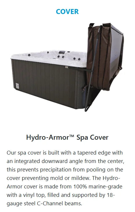 American Spas 6-Person Lounger Hot Tub – AMZ-745L features sleek gloss white acrylic shell and premium Smoke-finished cabinet with advanced engineering, boasting 45 exclusive Halo™ stainless steel jets for targeted hydrotherapy.