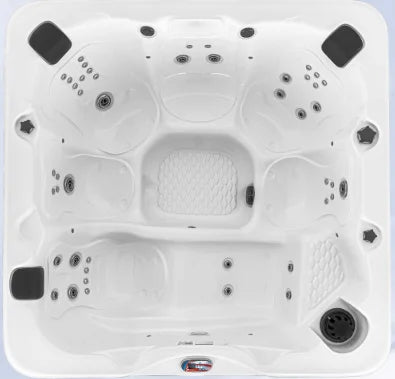 American Spas 6-Person Lounger Hot Tub - AMZ-745L features 45 Halo stainless steel jets for targeted hydrotherapy, multi-colored LED lighting, and Bluetooth stereo system with subwoofer in a sleek gloss white acrylic shell.