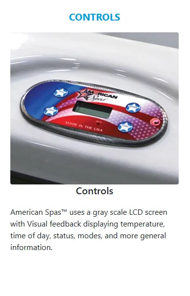 American Spas 6-Person Bench with 40 Jets: Spacious bench-style spa accommodating six adults, featuring 40 exclusive Halo stainless steel jets for hydrotherapy massage, ergonomic captain's chairs, and cool-off seat, with premium components and superior insulation.