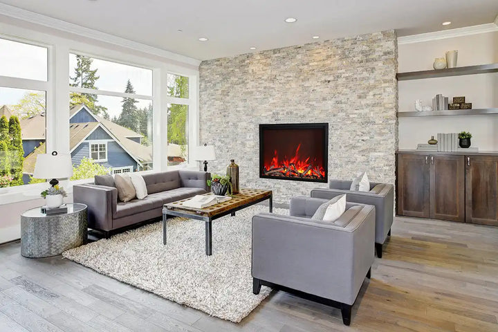 Amantii TRD SMART - Electric Fireplace, 26-48", sleek modern design with concealed heater and vents, features vibrant multi-colored flames, ambient canopy lighting in 13 colors, and remote control functionality.