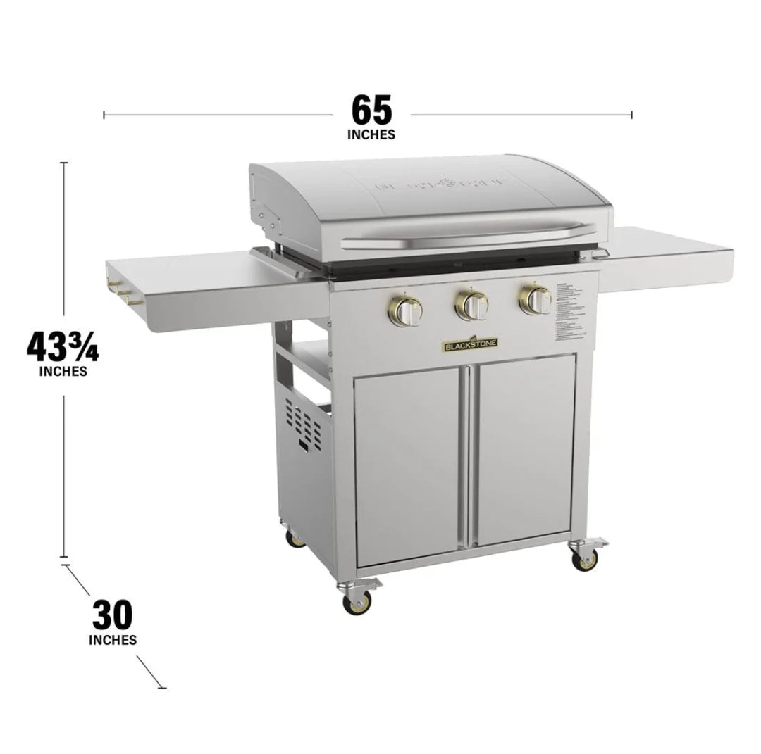 Blackstone Select 28” Griddle with Cabinet features high-end design, Omnivore Griddle Plate Technology for fast preheat and even heat distribution, and three independently controlled heat zones.