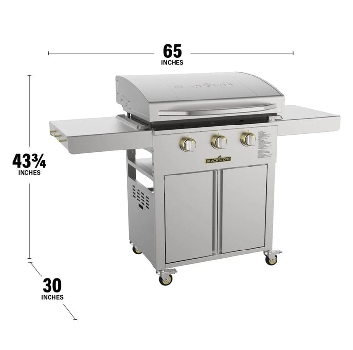 Blackstone Select 28” Griddle with Cabinet features high-end design, Omnivore Griddle Plate Technology for fast preheat and even heat distribution, and three independently controlled heat zones.