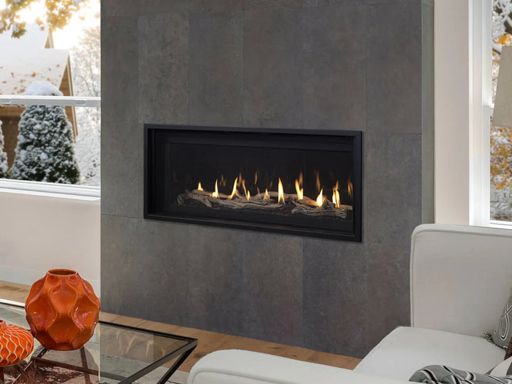 Superior DRL4000 Series Linear Direct Vent Gas Fireplace: Sleek modern design featuring expansive ceramic glass viewing area, reflective black crushed glass media, and electronic ignition.