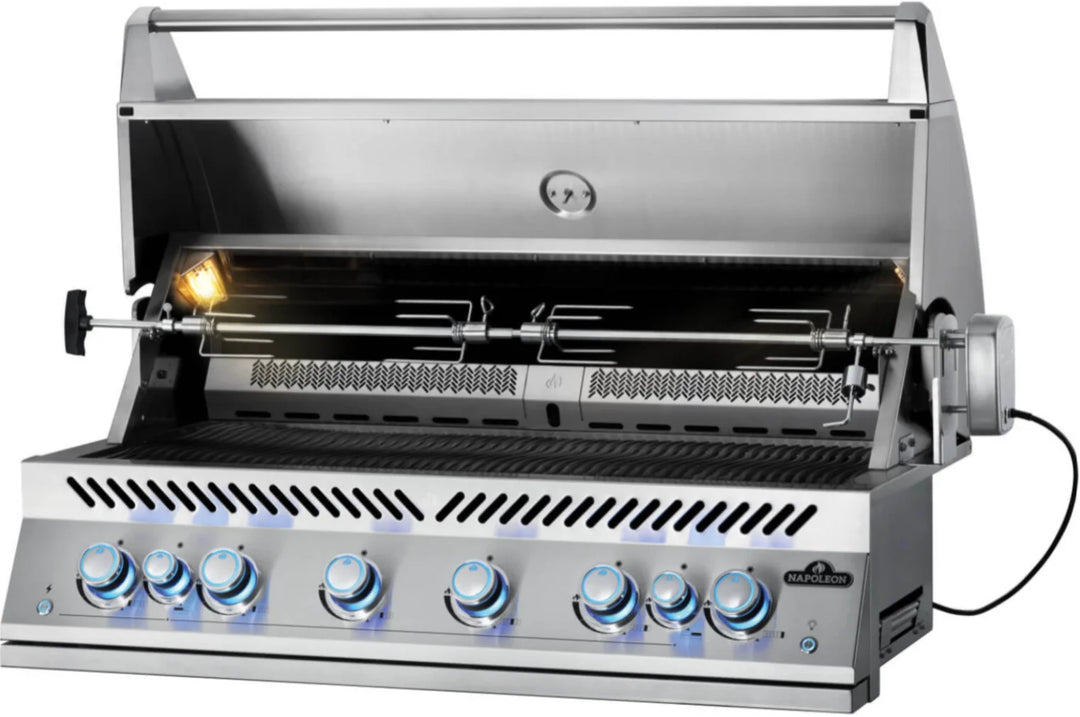 Napoleon 700 Series 44" Built-In Gas Grill features six stainless steel main burners and dual rear infrared rotisserie burners delivering 108,000 BTUs for elite-level grilling performance.