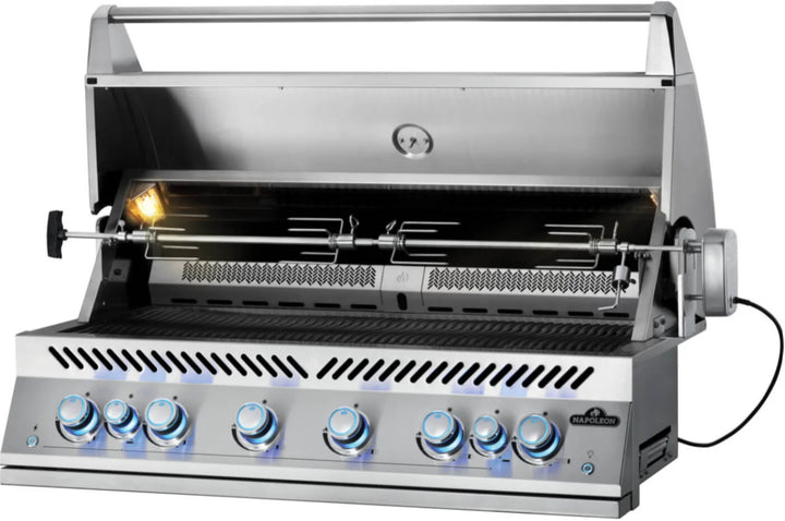 Napoleon 700 Series 44" Built-In Gas Grill features six stainless steel main burners and dual rear infrared rotisserie burners delivering 108,000 BTUs for elite-level grilling performance.