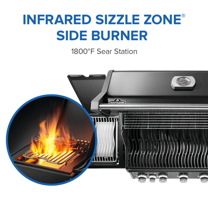 Napoleon Rogue PRO 625 SIB - Black with Infrared Side Burner: Sleek black grill with professional-grade features and versatile performance, including porcelainized cast iron Iconic WAVE cooking grids for even heat distribution and exceptional searing, along with an integrated Infrared SIZZLE ZONE side burner.