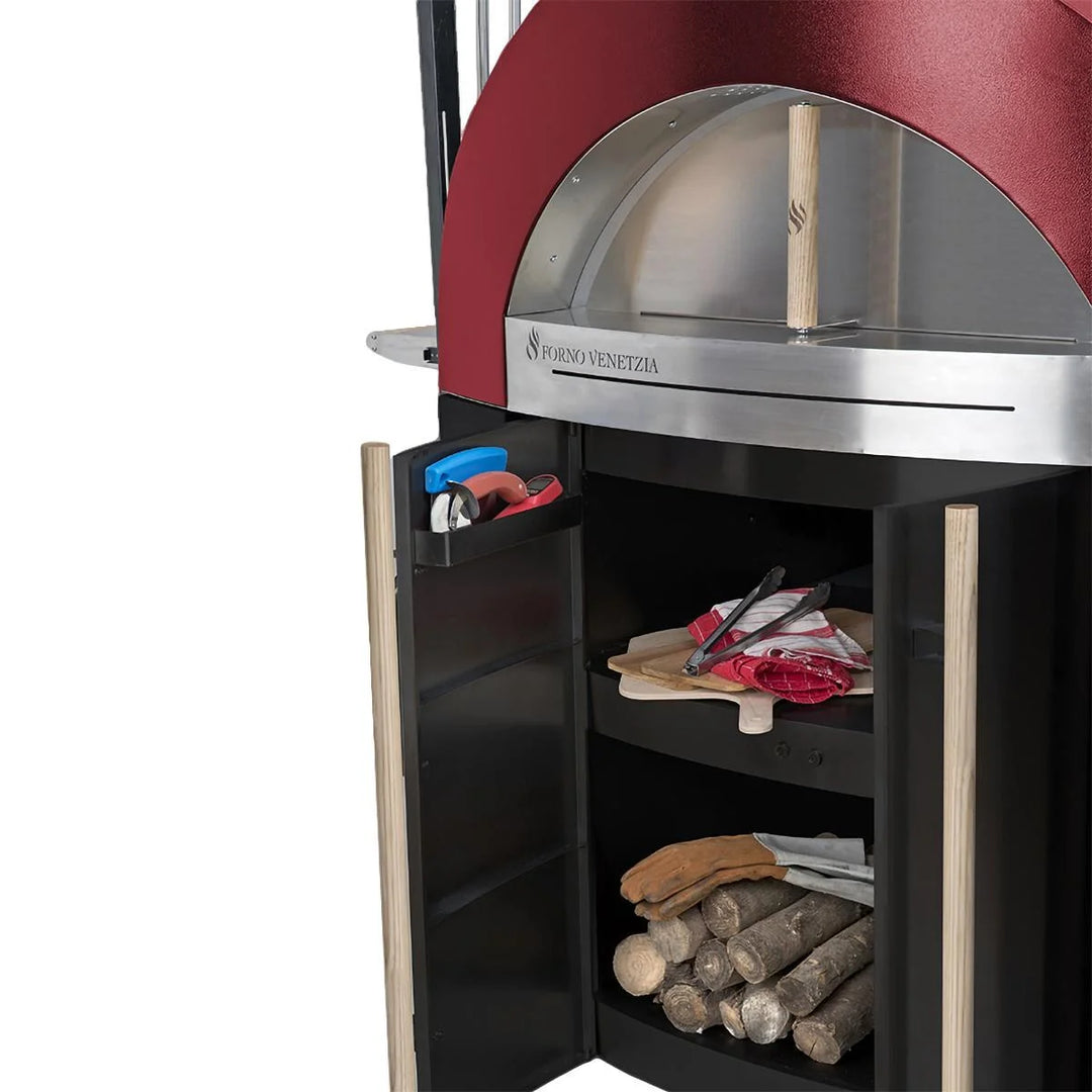 Forno Venetzia Bellagio 300 Red - Luxury wood-fired oven featuring 36" x 32" cooking surface, firebrick hearth with dual-layer ceramic insulation, and elegant red powder-coated dome with oak handles.