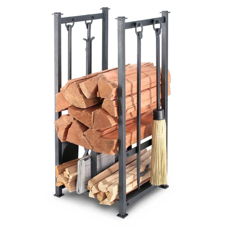 Pilgrim Craftsman Hearth Center - Vintage Iron: compact steel centerpiece with integrated storage for logs, kindling, and tools, featuring hand-forged tool rings and four essential vintage iron tools: shovel, brush, poker, and tongs.