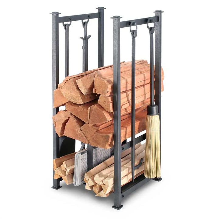 Pilgrim Craftsman Hearth Center - Vintage Iron: compact steel centerpiece with integrated storage for logs, kindling, and tools, featuring hand-forged tool rings and four essential vintage iron tools: shovel, brush, poker, and tongs.