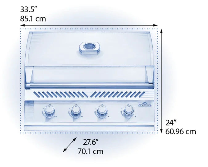 Napoleon Built-In 500 Series 32-inch Gas Grill, premium stainless steel construction, 48,000 BTU total output, four main burners, precise temperature control and WAVE cooking grids for even heat distribution.