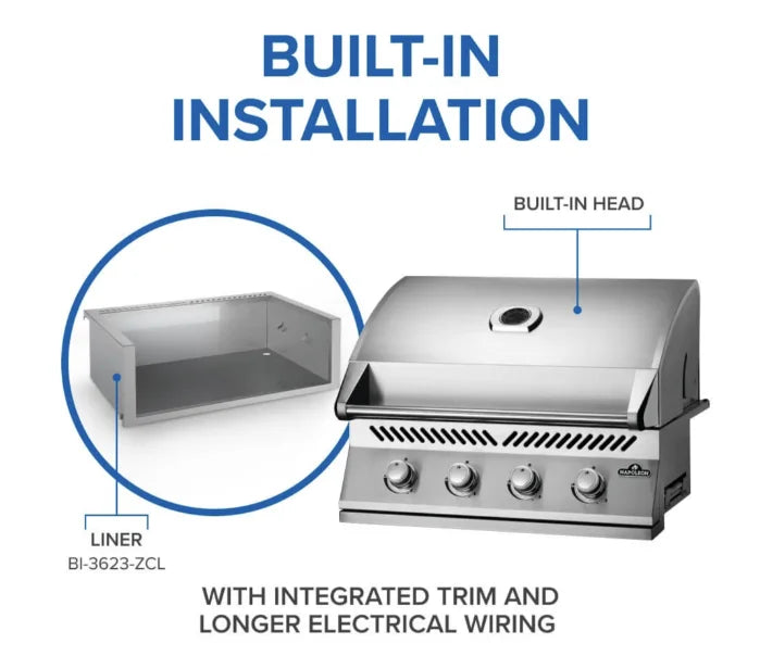 Napoleon Built-In 500 Series 32-inch Gas Grill featuring premium stainless steel construction, four main burners, and precise temperature control for professional-level grilling performance.