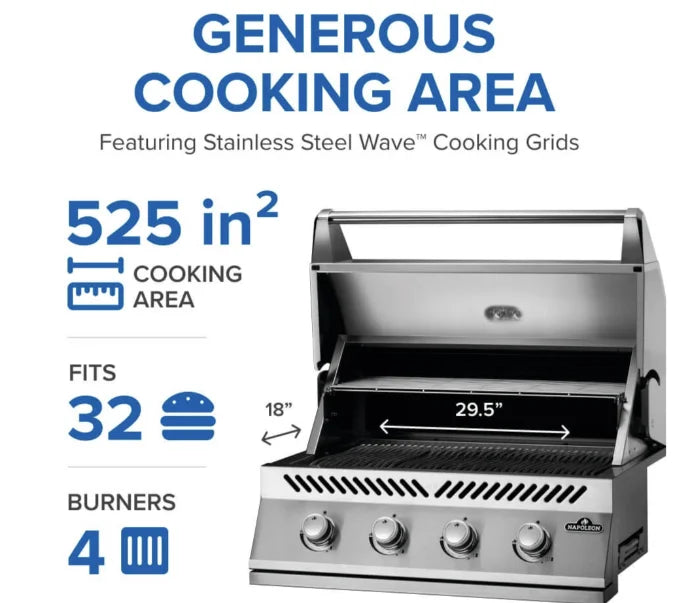 Napoleon Built-In 500 Series 32-inch Gas Grill features premium stainless steel construction, four main burners, and precise temperature control for professional-level cooking results.