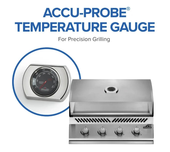 Napoleon Built-In 500 Series 32-inch Gas Grill featuring premium stainless steel construction, 7.5-mm WAVE cooking grids for even heat distribution, and ACCU-PROBE temperature gauge for precise control.