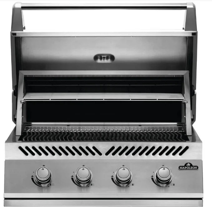 Napoleon Built-In 500 Series 32-inch Gas Grill features premium stainless steel construction, four main burners, and ACCU-PROBE temperature gauge for precise heat control.